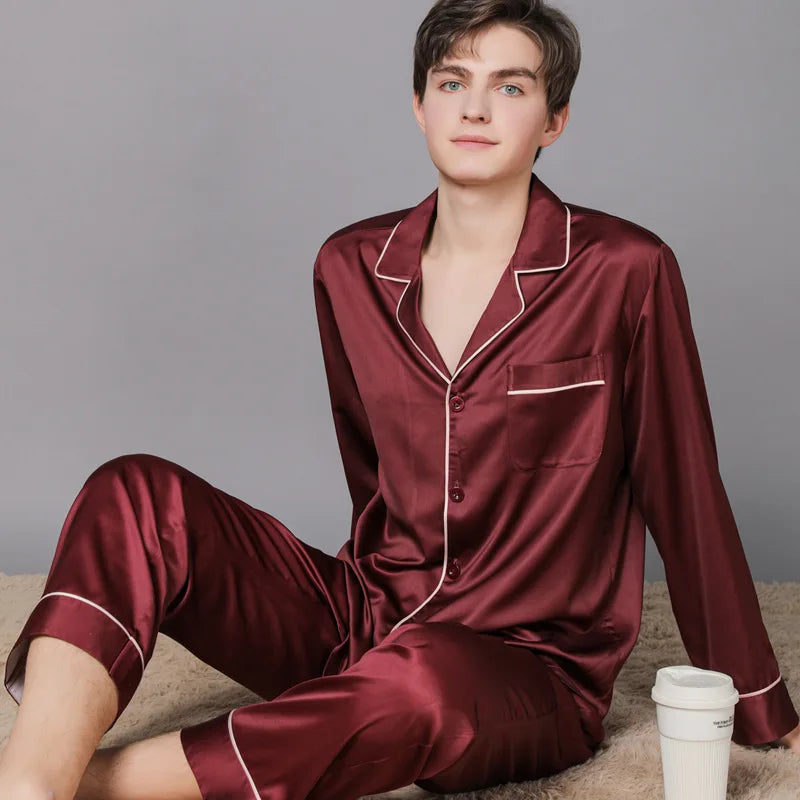 High-end luxury silk pajamas for men and women autumn and winter