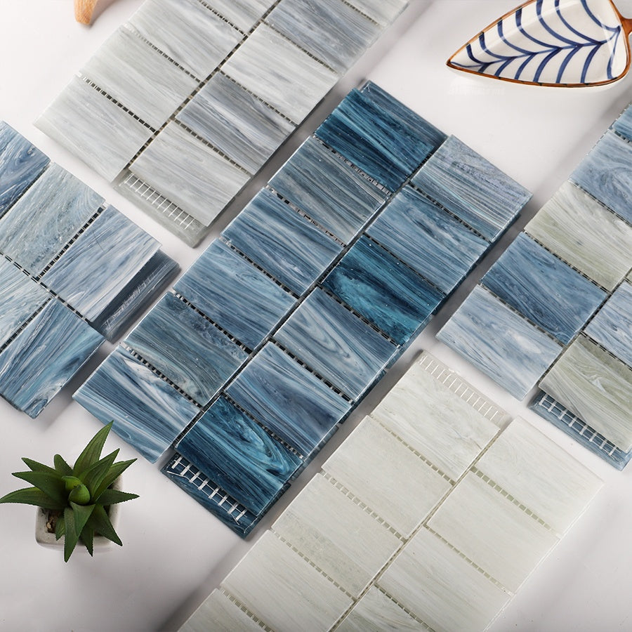 Bluwhale pearl white translucent rectangular iridescent glass mosaic tiles for swimming pool wall