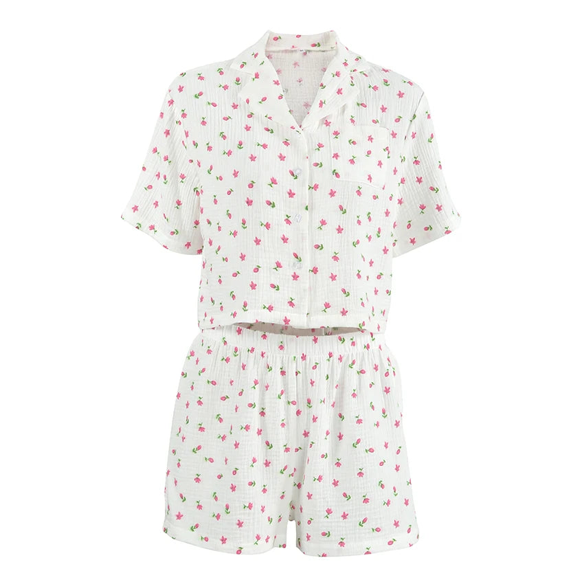 QINSI New Print Loungewear Women Sets Cotton Turn Down Short Sleeves Top Shorts Sets for Women Two Pieces Casual Pijamas Woman