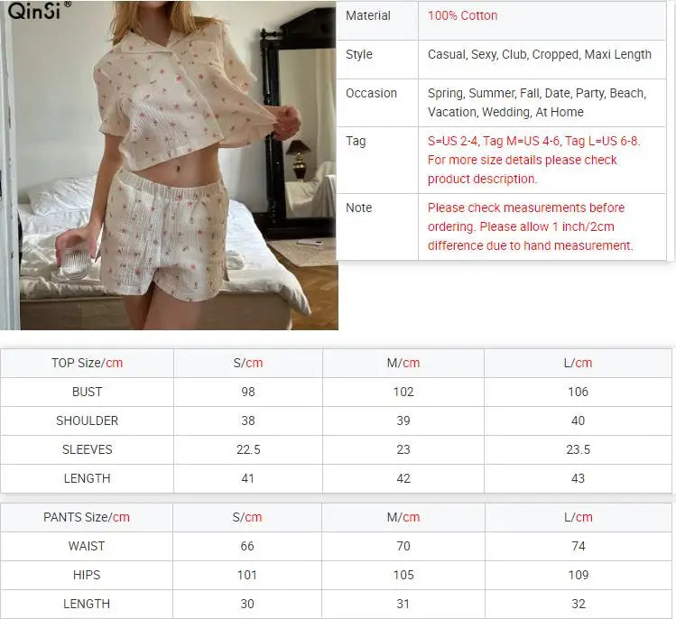QINSI New Print Loungewear Women Sets Cotton Turn Down Short Sleeves Top Shorts Sets for Women Two Pieces Casual Pijamas Woman