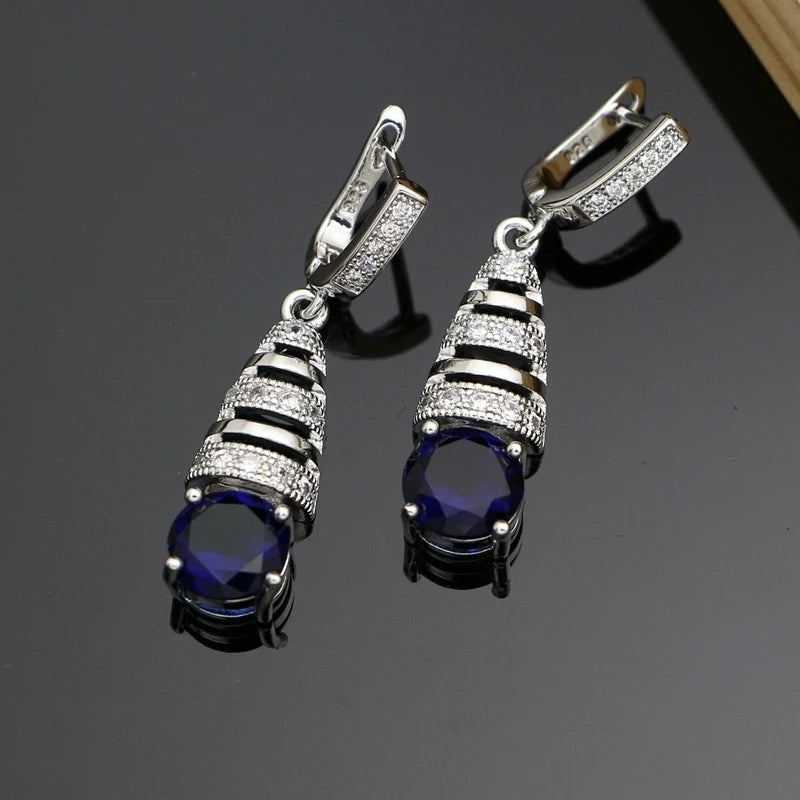 925 Silver Jewelry Set Blue Sapphire &amp; White Topaz