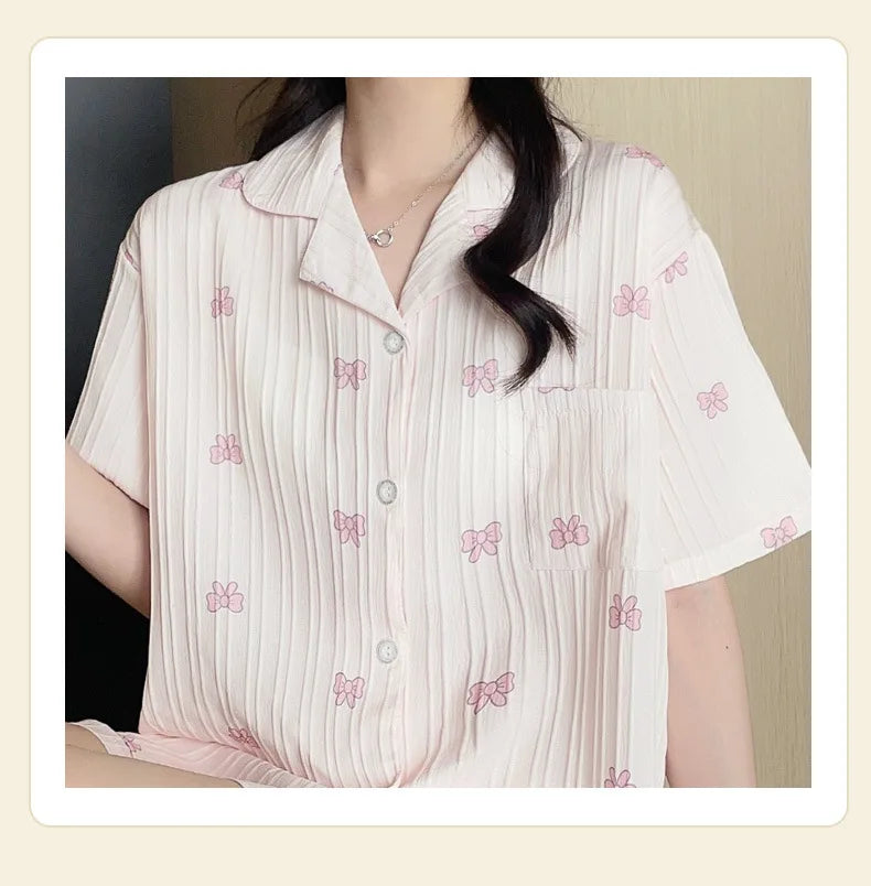 Bộ Đồ Ngủ Nữ Hè Cotton Kẻ Sọc Nơ Dễ Thương