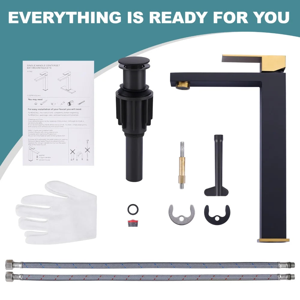 Bathroom Washbasin Faucet Deck Mounted Single Hole Basin Mixer Tap,Square 304 Stainless Steel Black Gold Basin Sink Faucet - Daisan Mart