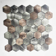 Modern 4mm thick peel and stick hexagon wall tiles made of metal for kitchen, bathroom, living room with marble pattern for interior decoration 
