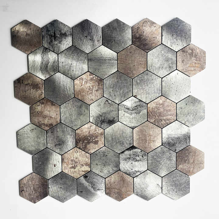 Modern 4mm thick peel and stick hexagon wall tiles made of metal for kitchen, bathroom, living room with marble pattern for interior decoration 