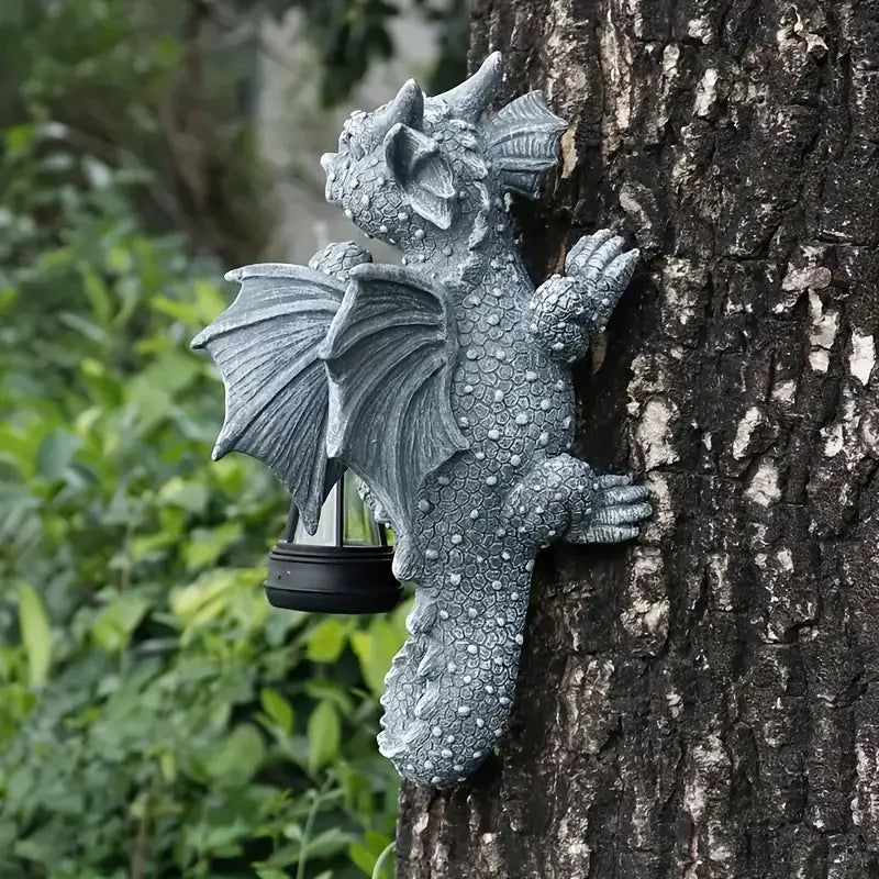 Solar- Dragon Tree Hugger Garden Statue - Glowing Resin Dragon Figurine Night Light with Solar Lantern, Outdoor/ Wall/Fence - Daisan Mart