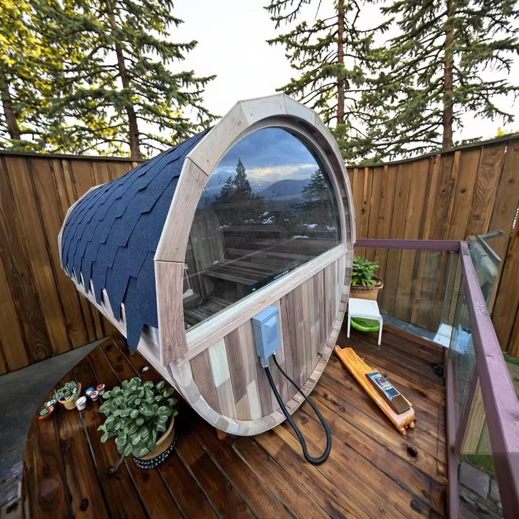 HELIUS Ready 6 person cheap outdoor red cedar steam sauna traditional electric heater barrel sauna with half glass and porch