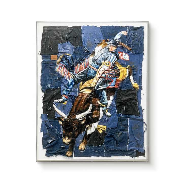 JZ Living Room Decor Abstract Painting Jeans Fabric Patchwork Mixed Media Art Framed Textured Modern Oil Painting Hand Painted 3D Wall Art 