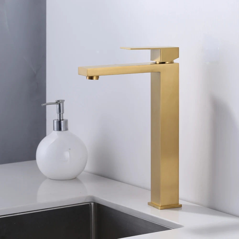 Modern Square Stainless Steel High Rise Washbasin Mixer Faucet Ceramic Brushed Gold Hot Sale Bathroom Basin Faucet