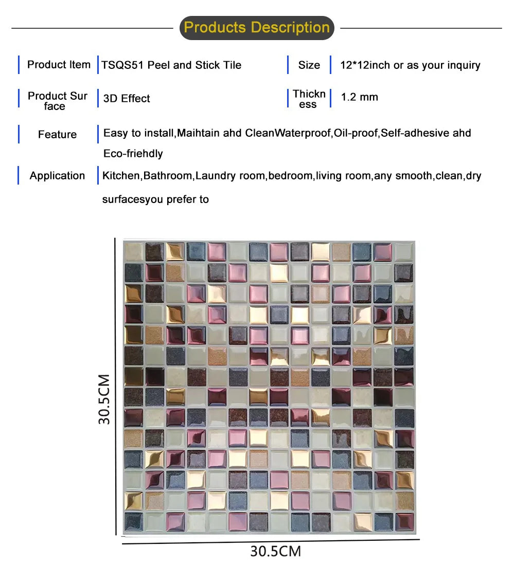 3D Waterproof Self-Adhesive Kitchen Wall Tiles 30x30cm