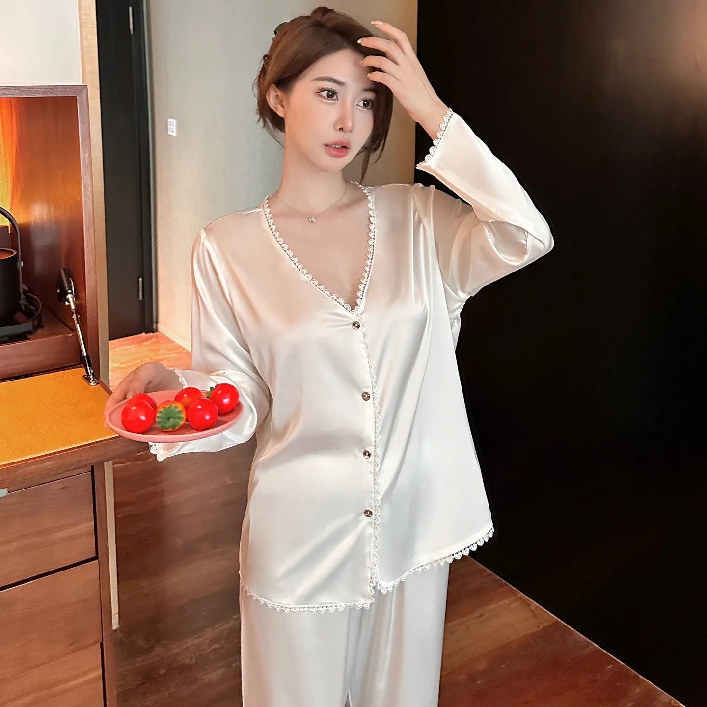 Women's Satin Silk Pajamas Set with Sexy V-Neck Long Sleeves