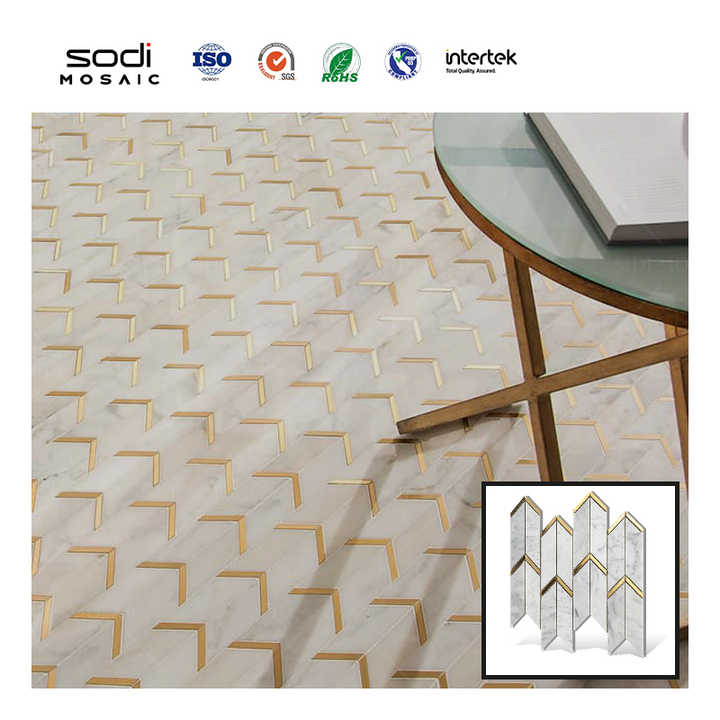 Carrara arrow shaped marble and metal mosaic tiles for bathroom wall decoration 