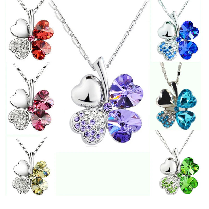 Lucky Four Leaf Clover Silver Necklace with Zircon Stone