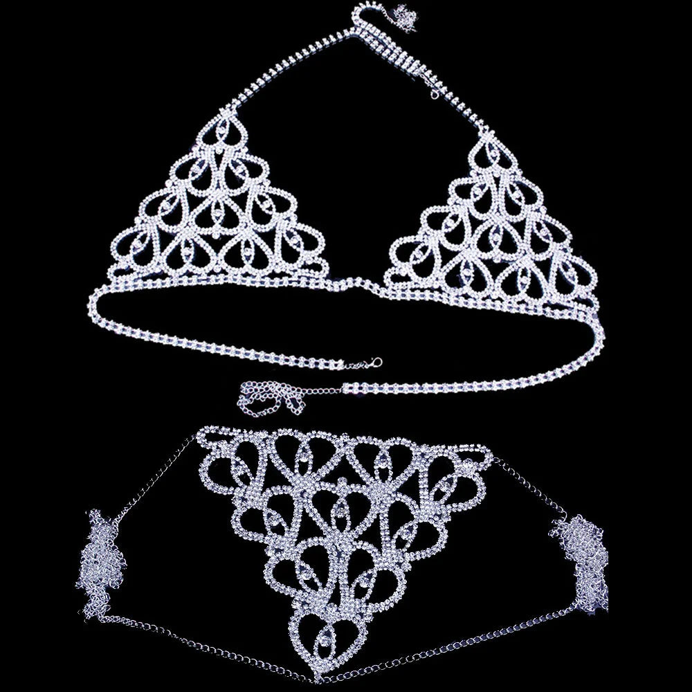 Rhinestones Body Chain Suit Bikini Bra Chain Heart Underwear Party Belly Waist Chains Body Jewelry Accessories for Women