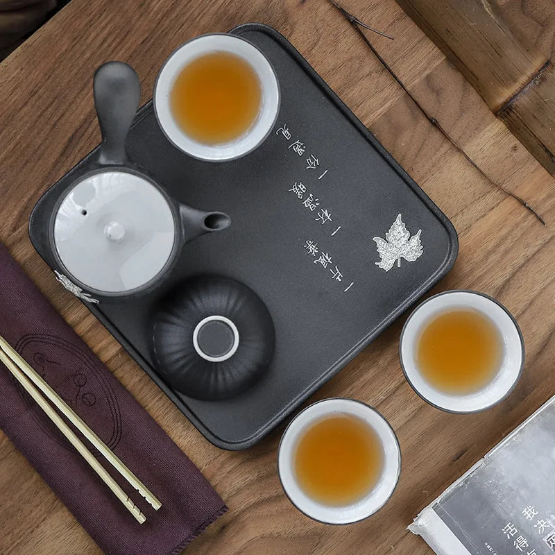 Japanese Style Travel Ceramic Tea Set with Carrying Bag