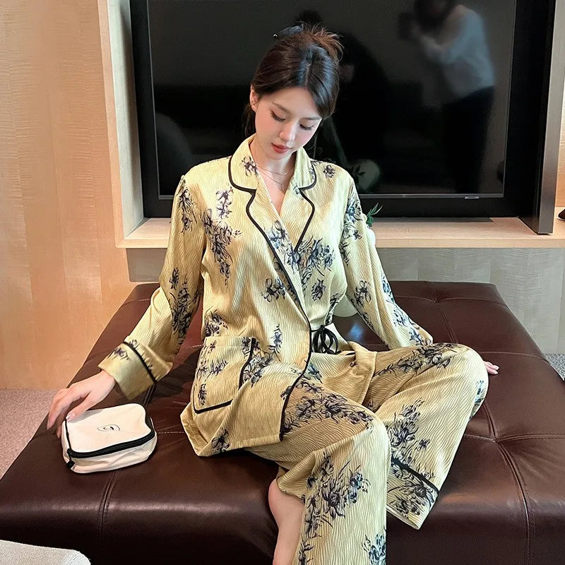 Women's Silk Pajama Set Fall 2024, Left-Hand Print Blue Collar