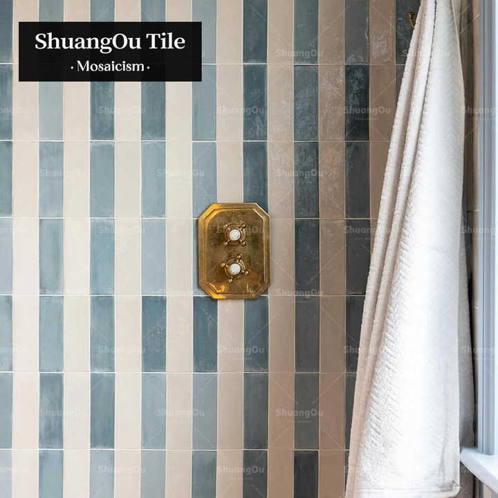 Modern bathroom ceramic mosaic tiles for kitchen decoration, oil painting, gradient blue striped mosaic tiles 