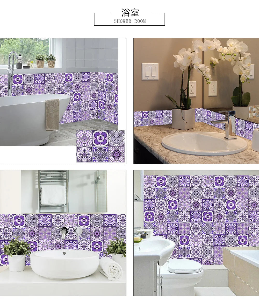 10/15/20/30cm Purple Retro Strip Tiles Wall Sticker Kitchen Stairs Tile Decoration Wallpaper Peel &amp; Stick Waterproof Art Mural