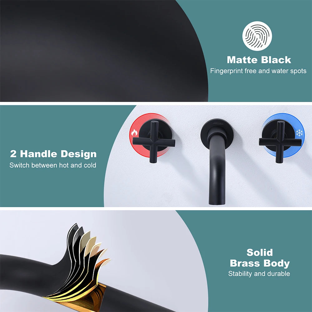 Matte Black Lavatory Faucet,Wall Mounted Vessel Sink Faucet,2 Handle Vessel Sink Faucet Wall Mount Bathroom Faucet - Daisan Mart