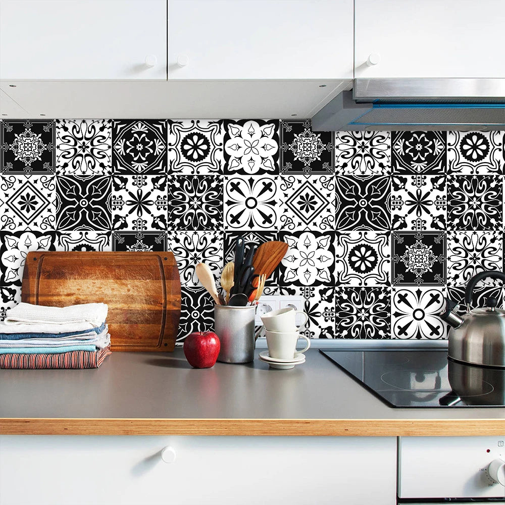 Black &amp; White Pattern Matte Surface Floor Sticker Adhesive Tile Decoration Film For Tiles /Ground in Kitchen Bathroom Non-slip