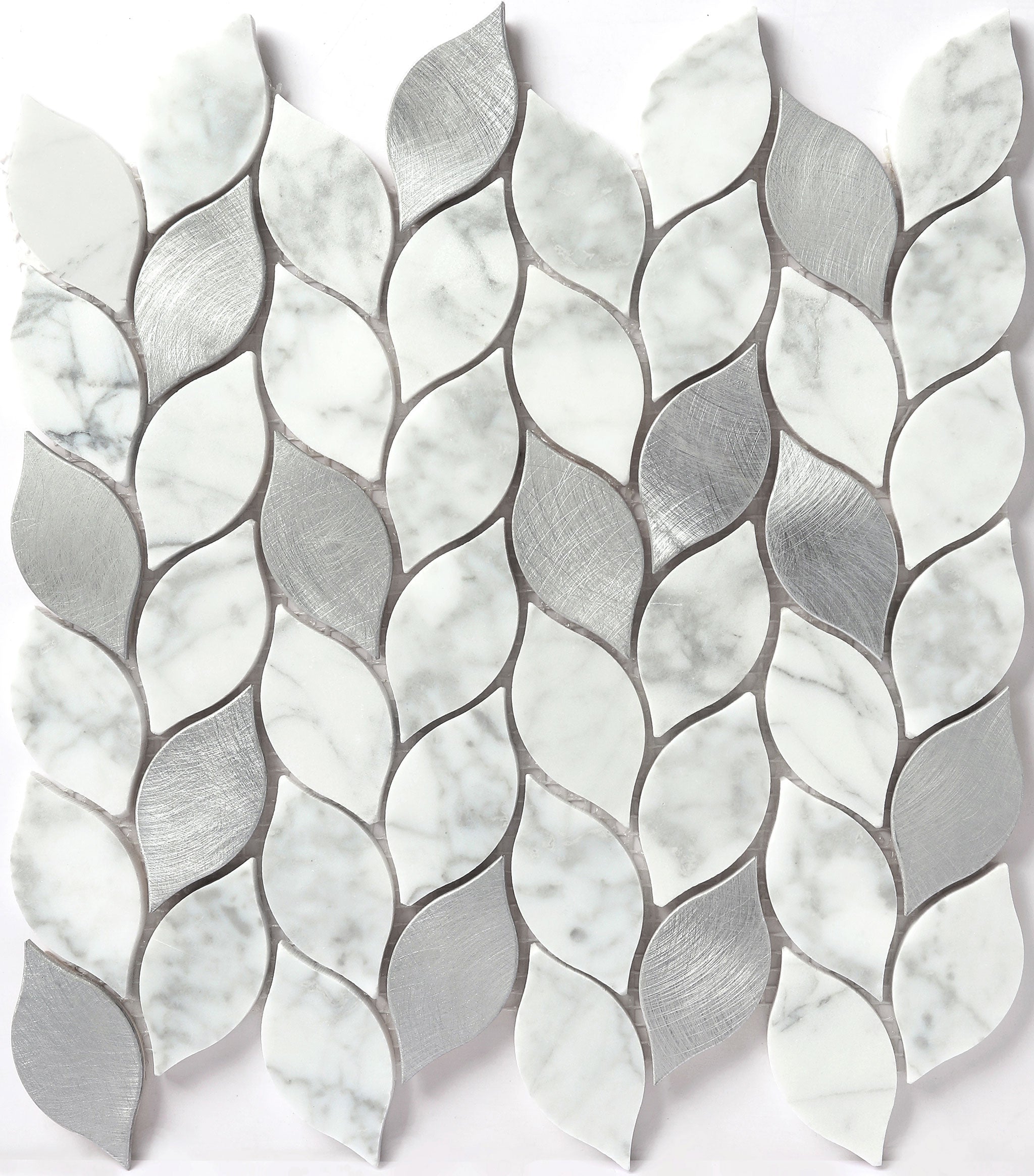 Exquisite white stone wall decoration mosaic tiles, marble style, small leaves, mixed metal, wholesale China 