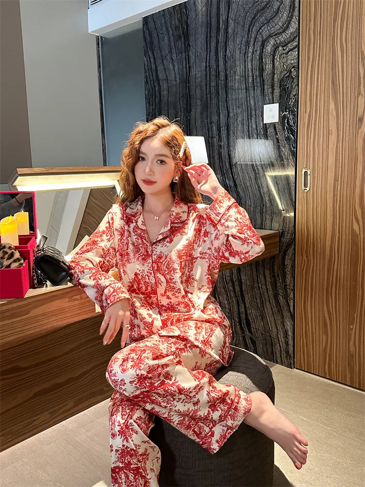 SAMWESTART Women's Spring Summer Ink Print Ice Silk Pajamas