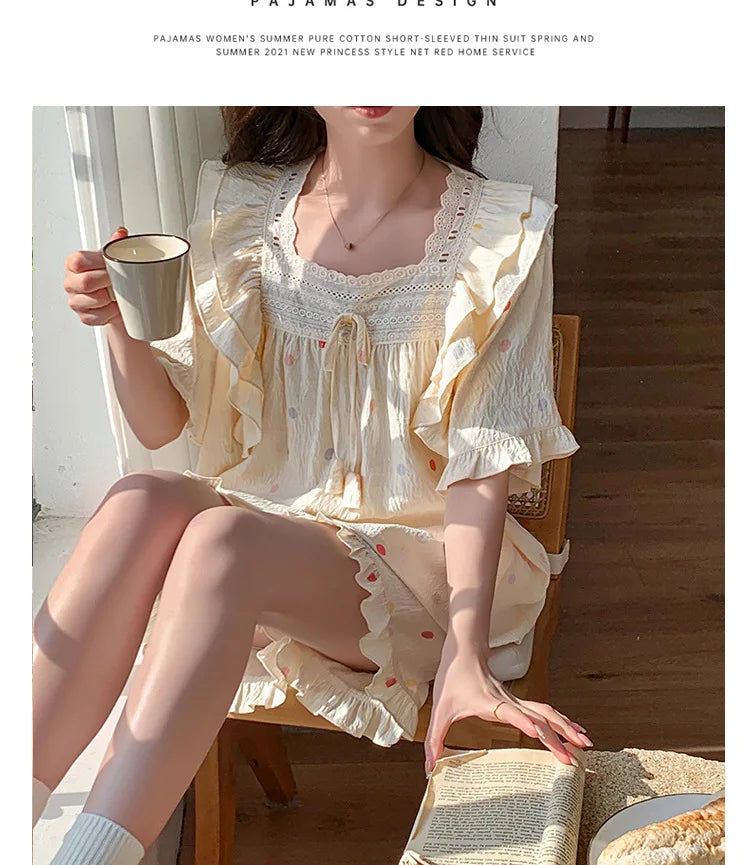 SAMWESTART Summer Lace Polka Dot Princess Pajamas Set