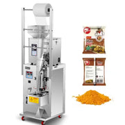 Máy đóng gói bạc tự động, bao bì màu nâu, bột màu vàng cam bên cạnh.