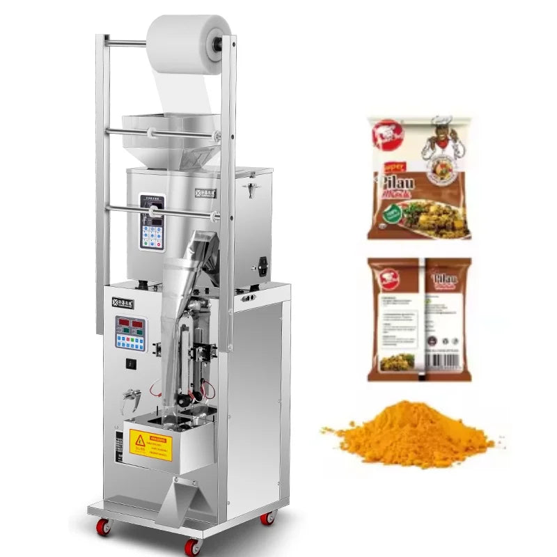 Máy đóng gói bạc tự động, bao bì màu nâu, bột màu vàng cam bên cạnh.