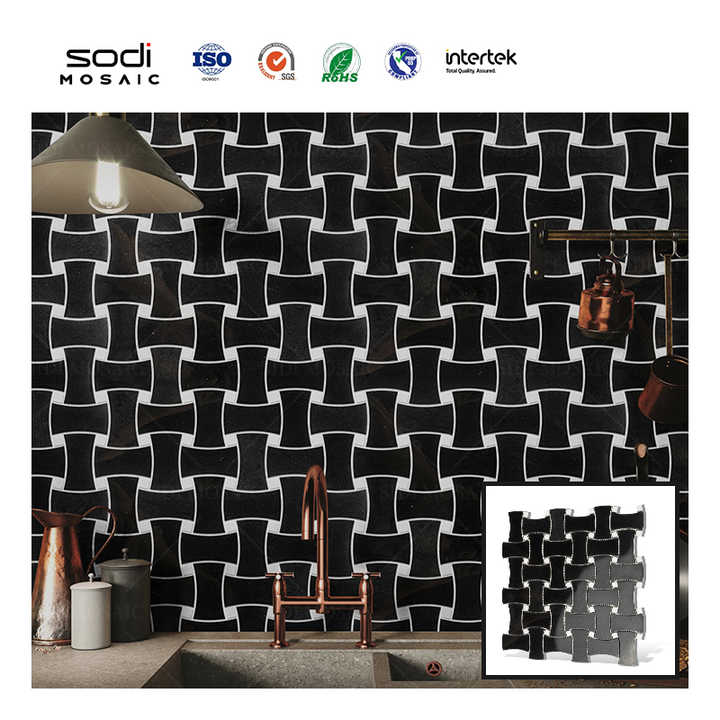 Lander Stone black marble mosaic tile cross split finish glass mosaic for wall decoration 
