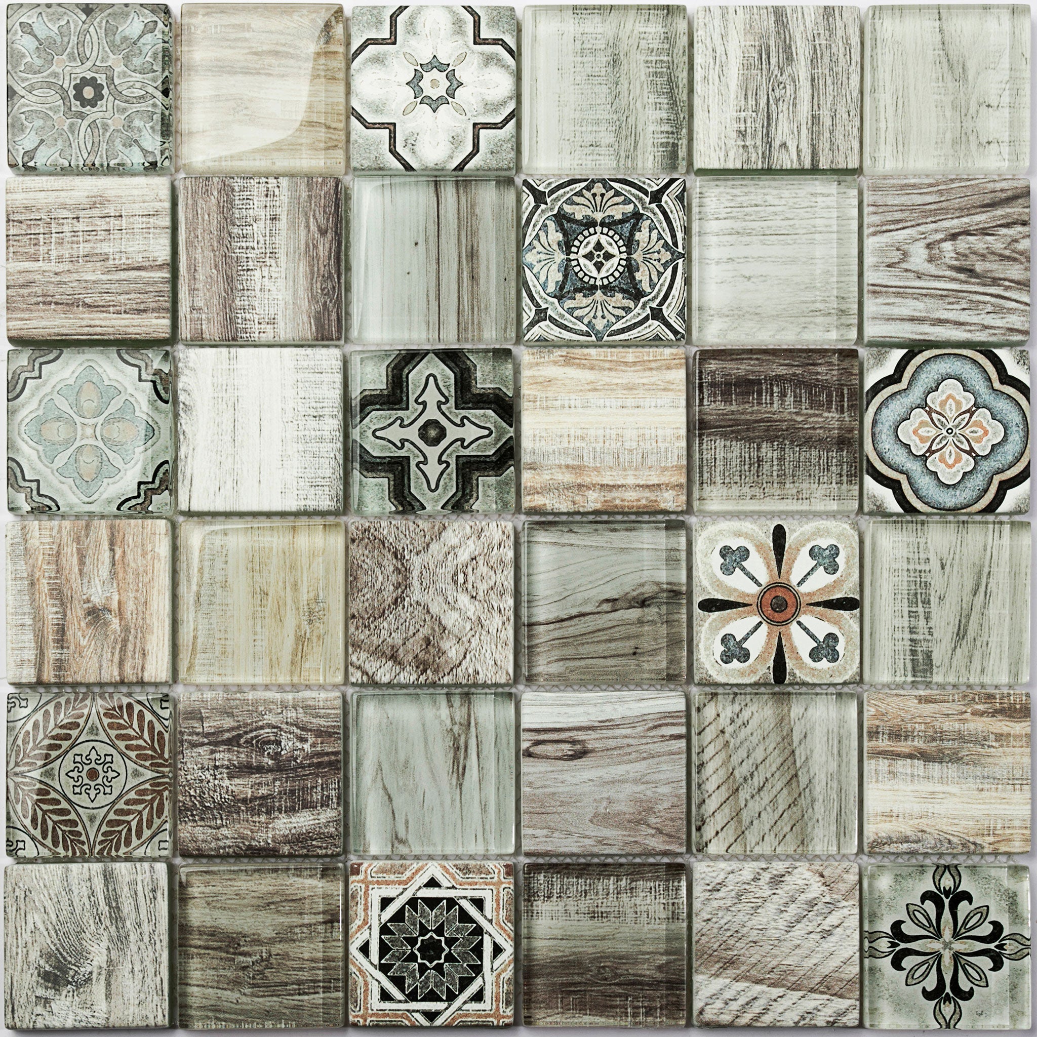 Modern style inkjet printed crystal wood glass mosaic wall tiles for kitchen, bathroom, living room, wooden floor design 