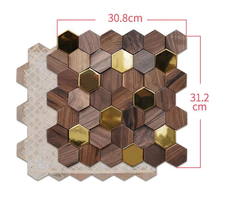 Natural walnut wood wall panel with stainless steel border 30x31cm