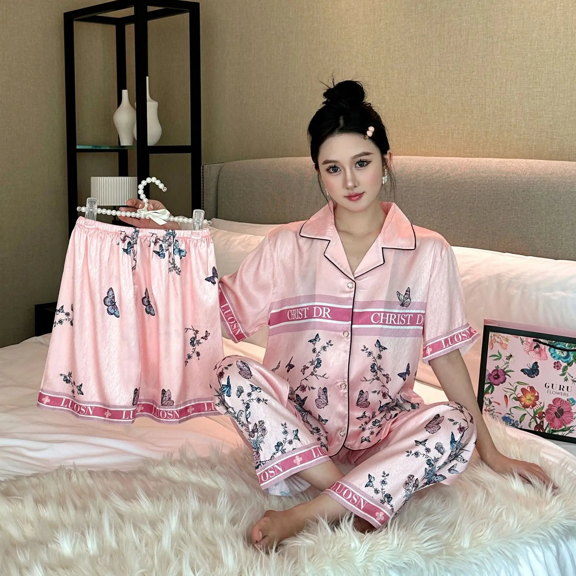 SAMWESTART 3-Piece Summer High-Quality Cool Silk Pajamas for Women