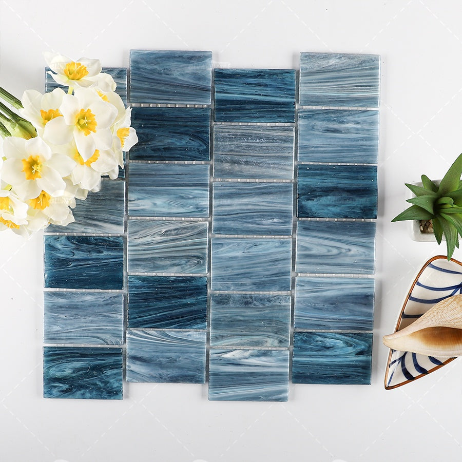 Bluwhale pearl white translucent rectangular iridescent glass mosaic tiles for swimming pool wall