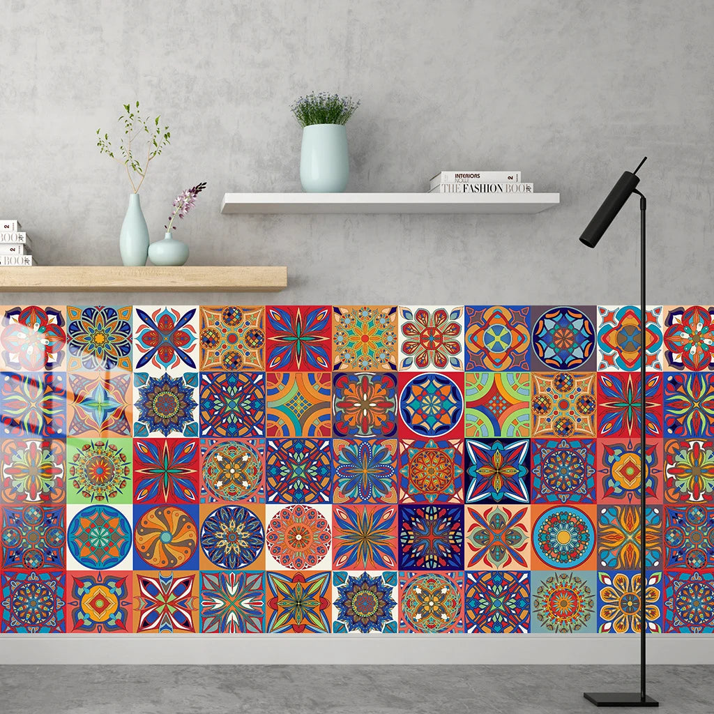 Colorful Mandala Style Strip Tiles Wall Sticker Kitchen Wardrobe Bathroom Waterproof Wallpaper Peel &amp; Stick Art Wall Decals