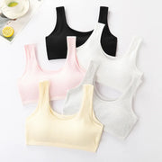Sáu áo crop top gân màu hồng, đen, trắng, xám, vàng nhạt trên nền trắng.