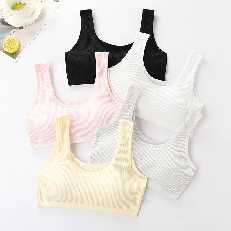 Sáu áo crop top gân màu hồng, đen, trắng, xám, vàng nhạt trên nền trắng.
