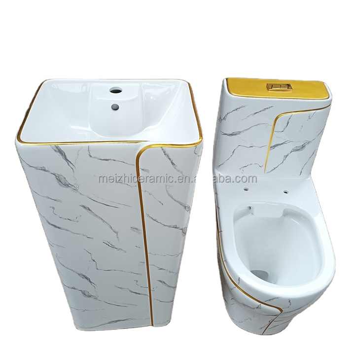 Marble Colored Sanitary Ware Set WC One Piece Ceramic Luxury Bathroom Toilet and Sink Set