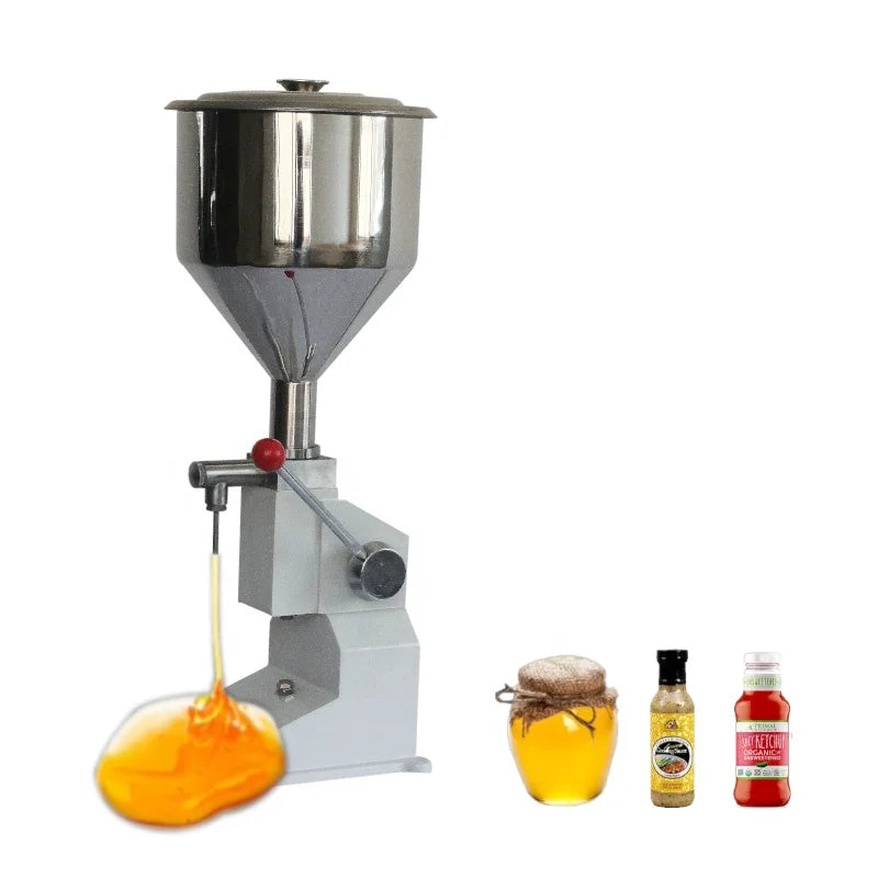 Máy chiết rót kim loại bạc, cạnh lọ mật ong, chai nước sốt và chai tương cà.