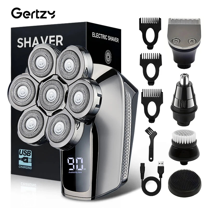 Men's Rechargeable Electric Shaver, Portable LCD Screen Beard Trimmer, Seven Blade Bald Head Machine, Multi Head Shaver