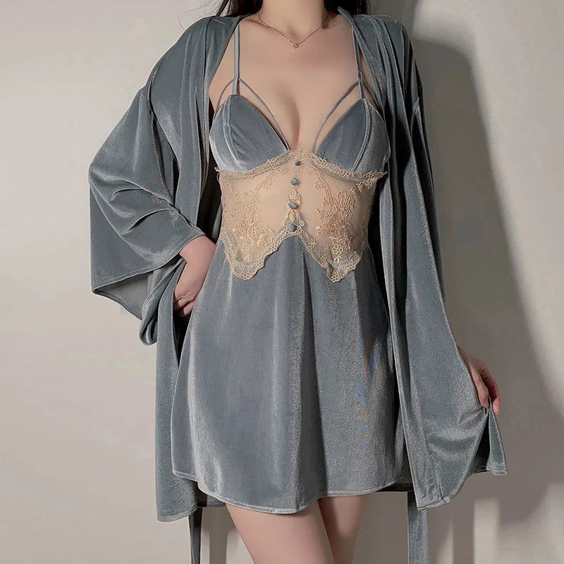 Sexy French Velvet Nightgown with Padded Straps, Half Sleeves, Spring Autumn