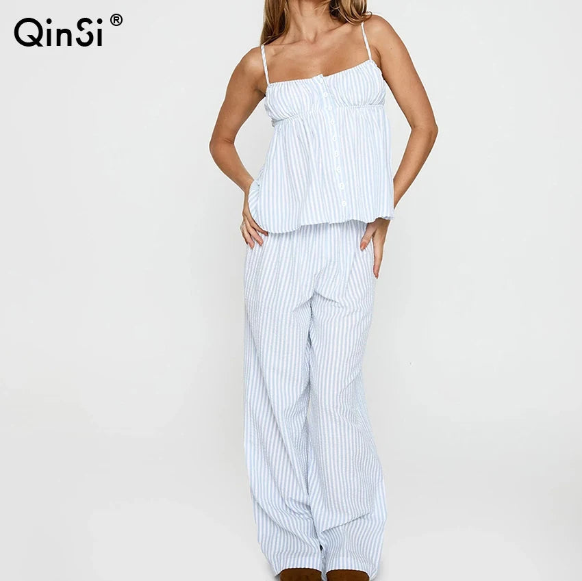 QINSI Women's Cute Sleeveless Ruffle Striped Pajamas Set