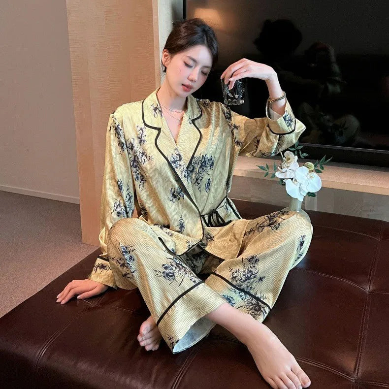 Women's Silk Pajama Set Fall 2024, Left-Hand Print Blue Collar