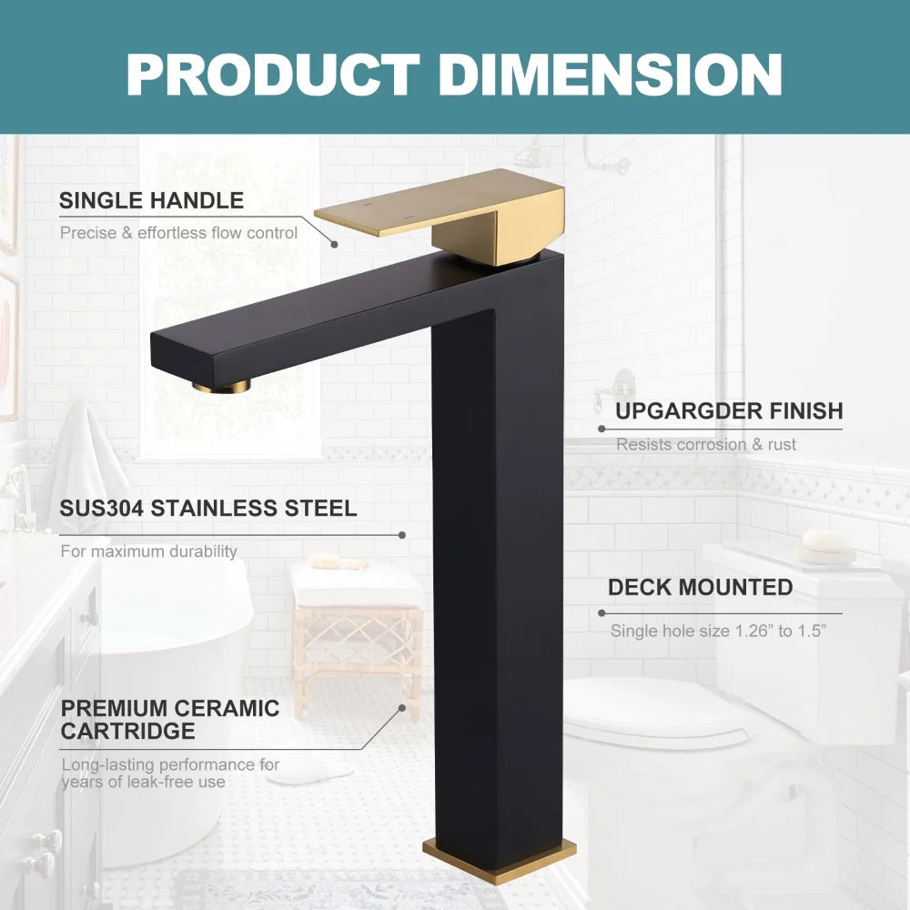 Bathroom Washbasin Faucet Deck Mounted Single Hole Basin Mixer Tap,Square 304 Stainless Steel Black Gold Basin Sink Faucet - Daisan Mart