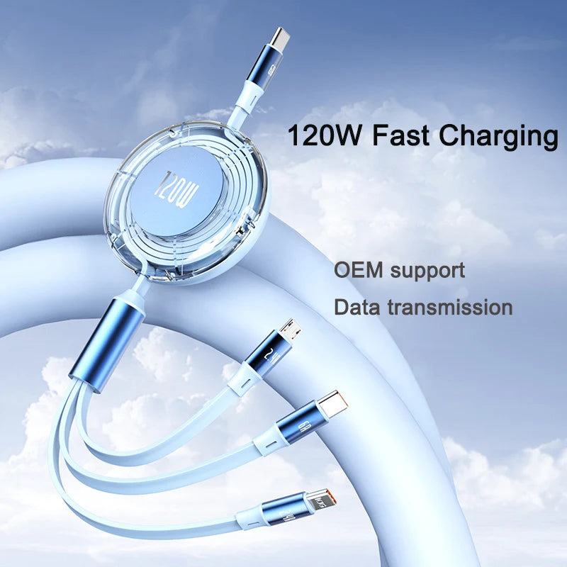120W Multi-Function OEM Customized 3in1 Fast Charging Cable