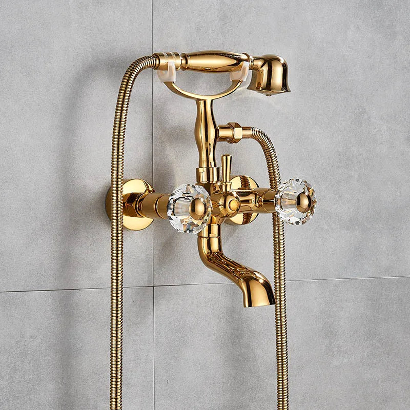 Telephone Style Golden Waterfall Bathtub Faucet Bathroom Brass Bath Faucets Waterfall Rotatb Spout Hot&amp;Cold water Shower tap set
