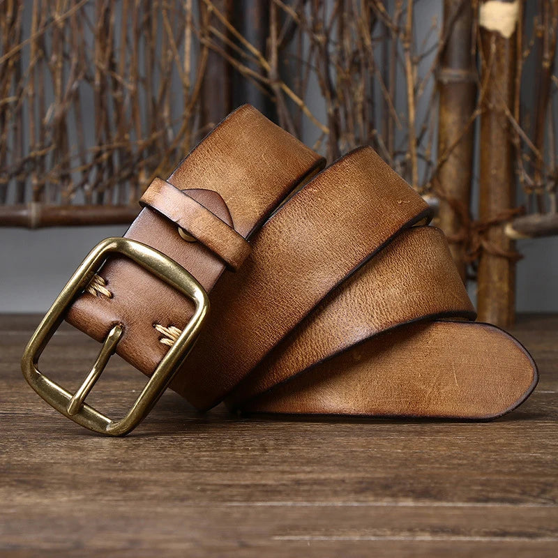 3.8cm thick cowhide belt with high-quality copper buckle for men