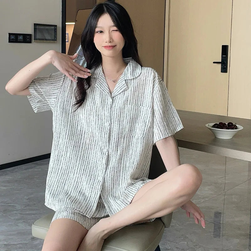 Bộ Đồ Ngủ Nữ Hè Cotton Kẻ Sọc Nơ Dễ Thương