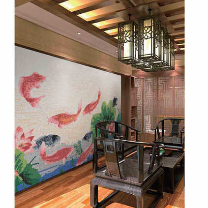 Natural landscape handmade wall tiles with wave mosaic glass painting for living room 