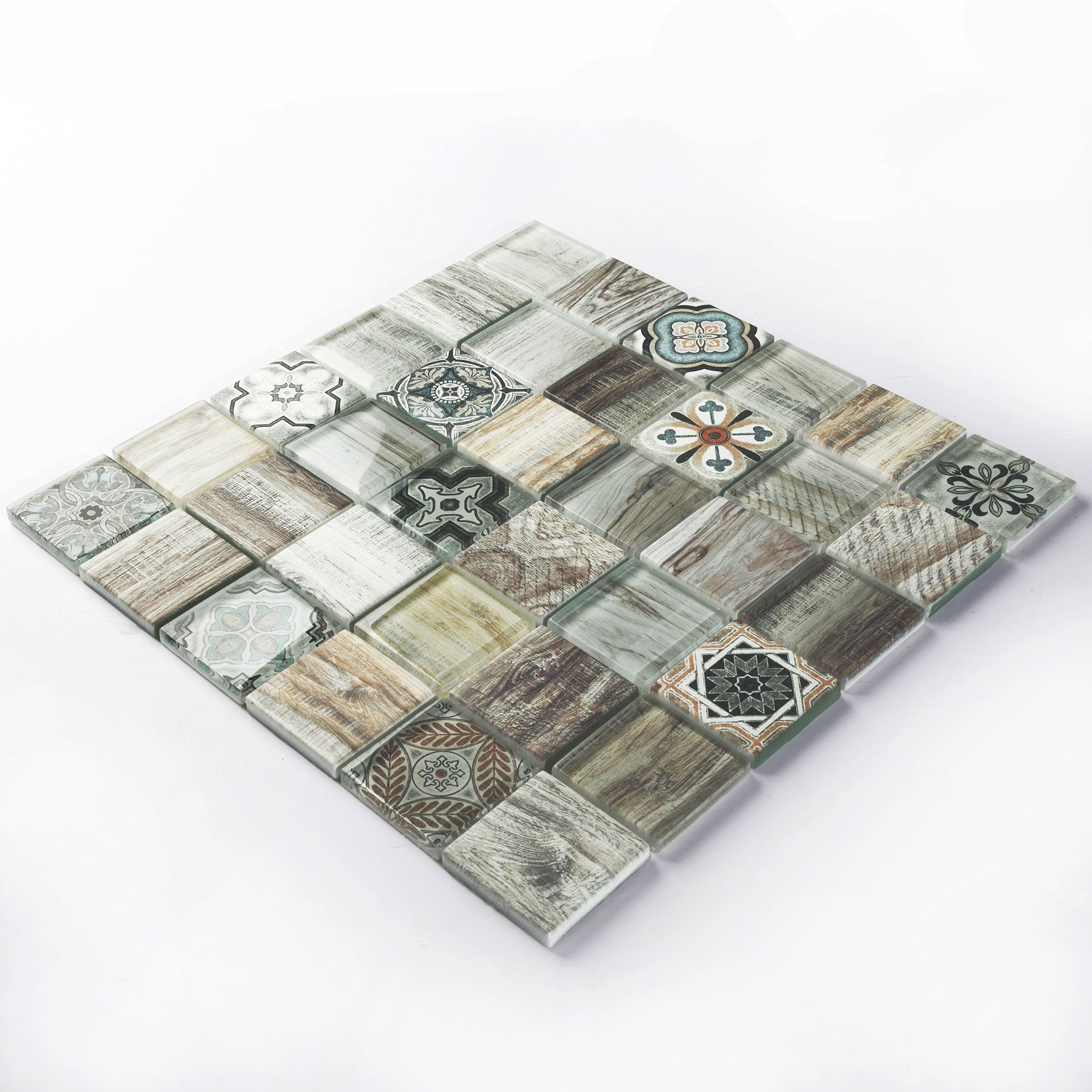 Modern style inkjet printed crystal wood glass mosaic wall tiles for kitchen, bathroom, living room, wooden floor design 